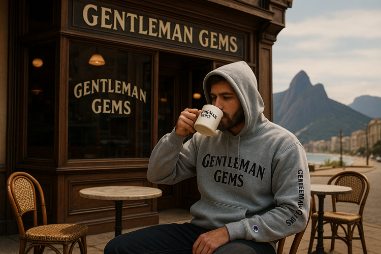 create a image a man wearing a hooded champion sweatshirt like the ones on  gentlemangems.com . The sweat shirt has Gentleman Gems on the front and on the sleeve . The man is sitting outside of a vintage coffee shop that is a Gentleman Gems coffee shop . The man is enjoying a cup of coffee , drinking from a mug that has Gentleman Gems on the side . The coffee shop is in a beautiful city that has mountains near the ocean 
